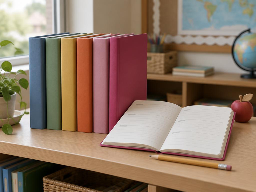 Stapel schoolagenda's op een klaslokaaltafel met een schoollogo