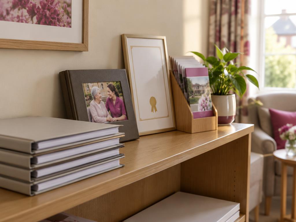 Tafel met certificaten, attenties en promotiemateriaal bijeen